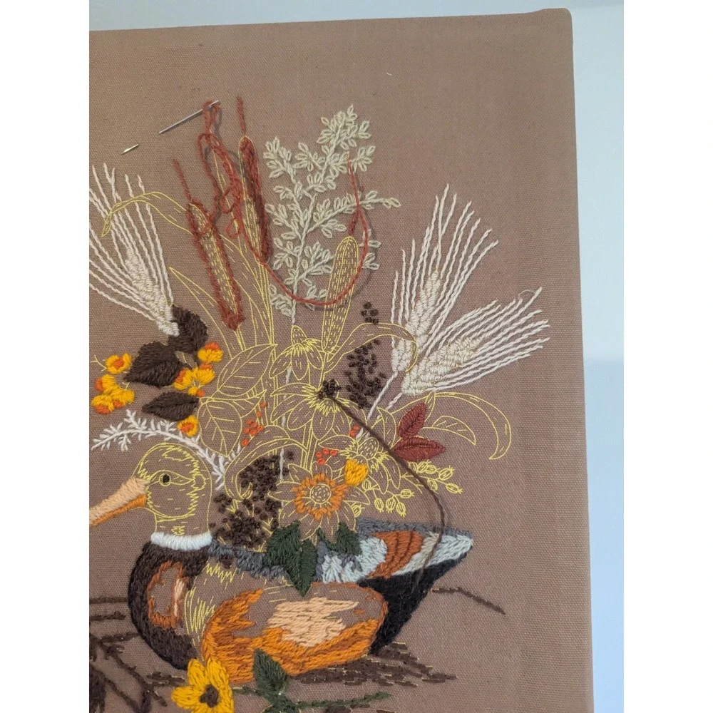 Vtg Embroidered Duck Floral Wall Art Framed The Creative Circle Unfinished 16x12